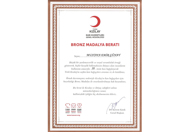 Kan Bağışı Bronz Madalya Beratı