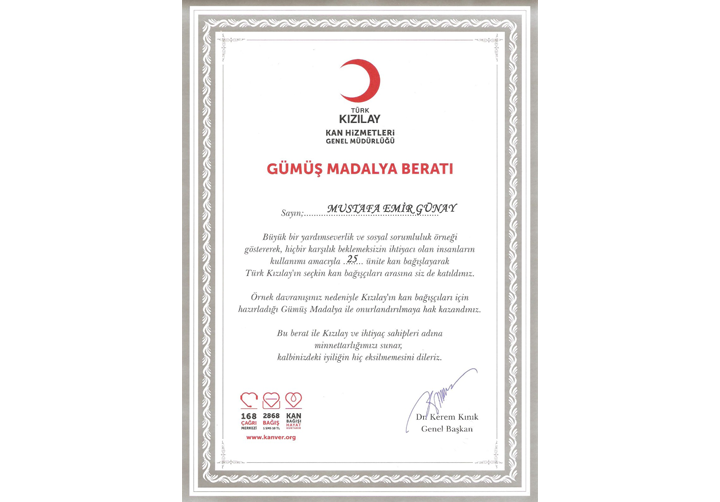 Kan Bağışı Gümüş Madalya Beratı